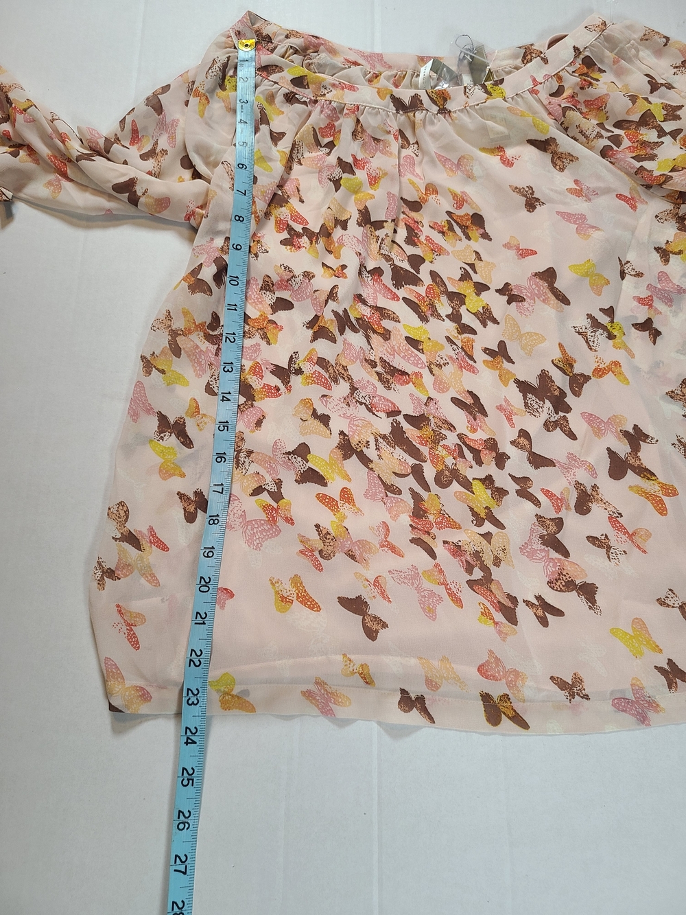 Lauren Conrad Pink Butterfly Blouse Women's Medium Chiffon Bows Split Sleeve Top - Picture 11 of 12